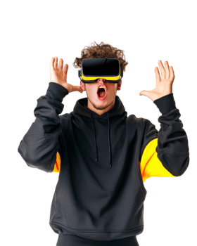 Excited young man in black hoodie experiencing VR headset isolated on transparent background png