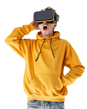 Surprised man in yellow hoodie using virtual reality headset isolated on transparent background png