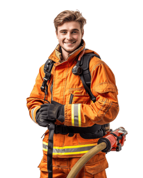 Firefighter in orange uniform holding a hose isolated on transparent background png