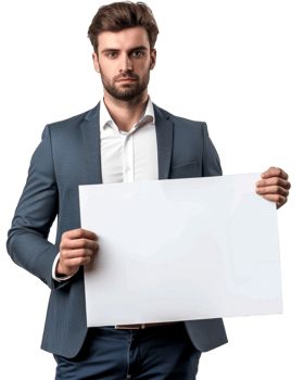 Businessman in Suit Pointing at Blank Sign Isolated on Transparent Background png