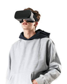 young man in grey hoodie enjoying VR gaming isolated on transparent background png