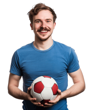 Smiling Young Man Holding Soccer Ball Isolated on Transparent Background png