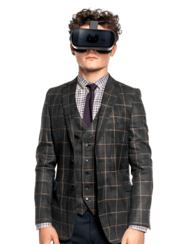 Young boy in checkered suit with VR goggles isolated on transparent background png