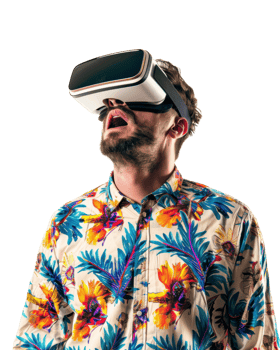 young Man in floral shirt using VR headset isolated on transparent background png