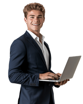 Young male businessman in blue suit holding laptop isolated on transparent background png