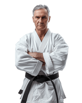 Confident Senior Man in a White Karate Gi with a Black Belt isolated on transparent background png
