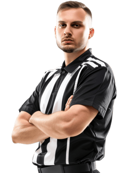 Male referee with black and white striped shirt arms crossed isolated on transparent background png