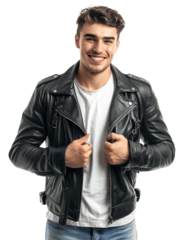 Young Man in Black Leather Jacket Isolated on Transparent Background png