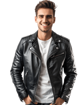Man in Leather Jacket with Hands in Pockets Isolated on Transparent Background png