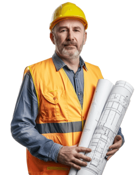 Middle-Aged Man in Safety Vest Holding Blueprints Isolated on Transparent Background png