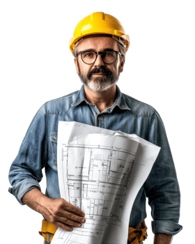 Confident Man in Safety Helmet Holding Blueprints Isolated on Transparent Background png