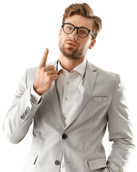 Young male businessman in light gray suit with hand raised isolated on transparent background png