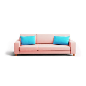 a pink couch with blue pillows on it png