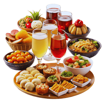 A table with a variety of food and drinks png