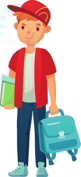 Excited student ready for school day with book and backpack, wearing red cap and smiling vector