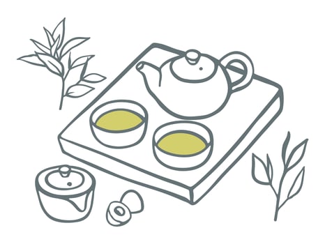 Hand drawn tea ceremony illustration. Sketch style simple illustration with teapot, cups and tea branches vector