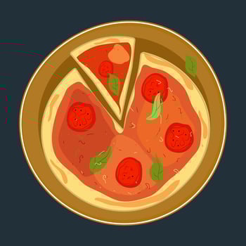 Pizza with tomatoes and basil. Pizza on a plate. Top view. vector