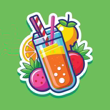 Tasty Fresh Juice with Straw in a Clear Glass Surrounded by Various Fruits Such as Lemon and Orange Complementing a Bright and Green Background vector