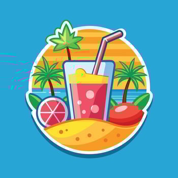 Tasty Yellow Drink with Straw with Citrus Fruits in Vibrant Tropical Setting Surrounded by Palm Trees Against a Bright Blue Background for Summer Appeal vector