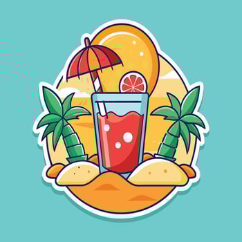 Delightful Beach Scene with Chilled Drink and Beach Umbrella Surrounded by Palm Trees on Soft Sand Capturing the Essence of Summer Vibes and Relaxation vector