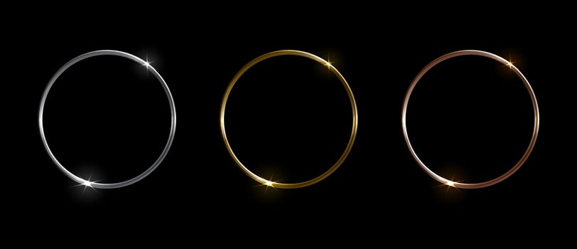 Gold, silver and bronze metal circle. 3d realistic round frames, shiny circular metallic ring borders with glare. isolated set vector