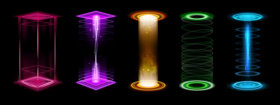 Level up effect. Portal blue futuristic neon glow technology, teleport beam power game stage with vortex. Vertical portal podium ring energy with blue rays. 3D tech isolated set vector