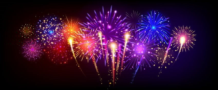 Festive fireworks. Realistic 3D firework explosions with colorful sparkles, bright salute crackers lights. Merry Christmas and Happy New Year 2025 celebration background vector