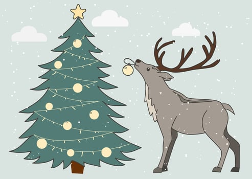 retro style poster of a reindeer and a Christmas tree with balls vector