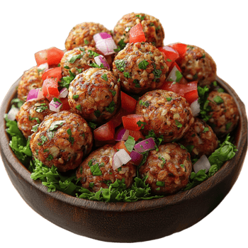 Close-up view of a bowl filled with a mixture of meatballs and vegetables. png