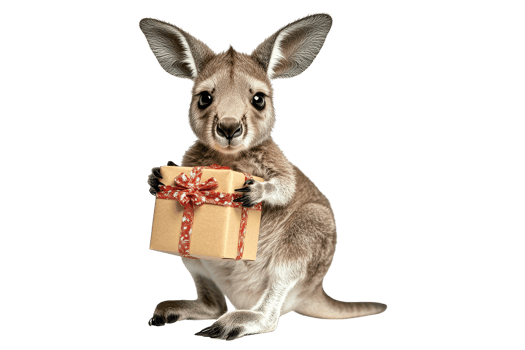 Kangaroo holding gift box playful scene animal photography studio setting whimsical concept png