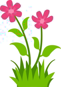 illustration of two blooming pink flowers with green leaves and grass, perfect for nature, spring, and floral design projects. Ideal for clipart, decorative art, and botanical themes. vector