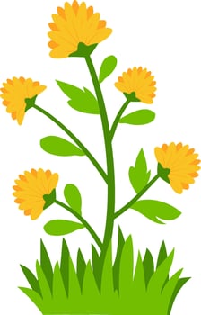 Charming floral illustration featuring five yellow blossoms, green leaves, and grass, great for nature-inspired decorative projects. vector