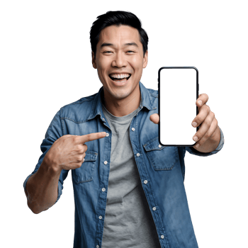 A young man in a denim shirt smiles and points at a smartphone with a blank screen png