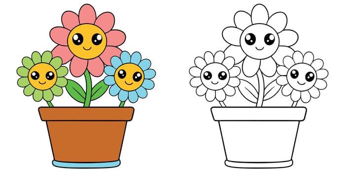 Cute Flowers In Pot Coloring Pages For Kids. Easy Flower Coloring Book Printable. Flower Cartoon Illustration vector