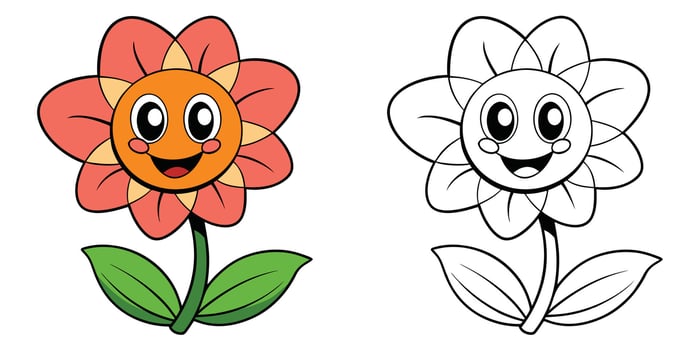 Cute Sunflower Smile Cartoon Coloring Pages For Kids. Easy Flower Coloring Book Printable. Sunflower Cartoon Illustration vector