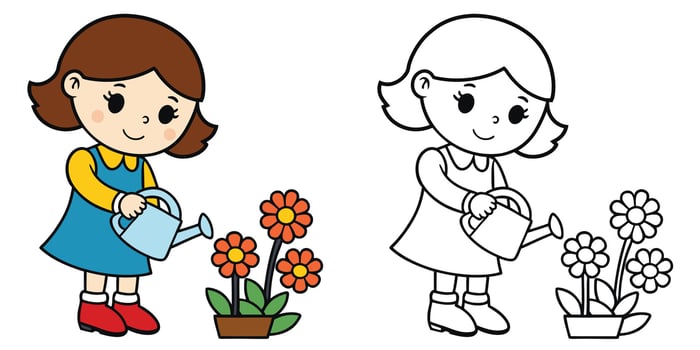 Cute Little Girl Watering Flowers Coloring Pages For Kids. Flowers Coloring Book Printable. Cute Little Girl Cartoon Character Illustration vector