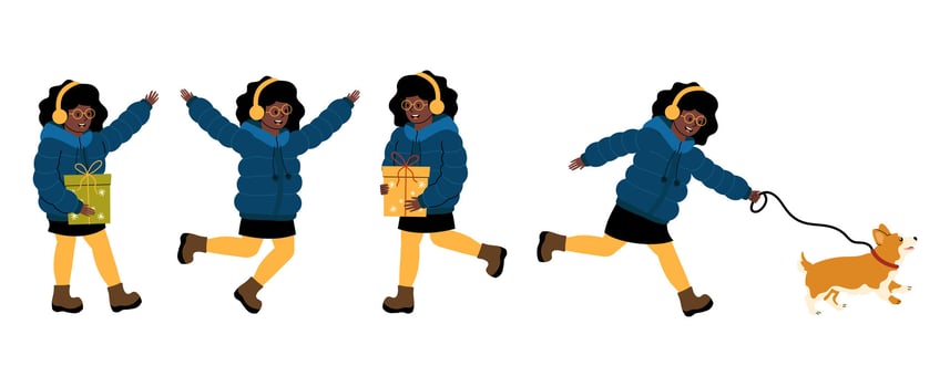 Girl happily walking with a dog while carrying gifts in a colorful setting vector