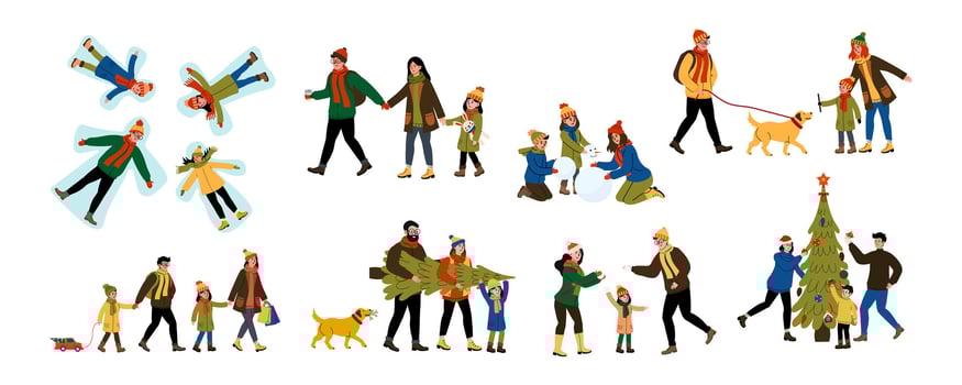 Families enjoying winter activities together during the festive season in a cheerful setting vector