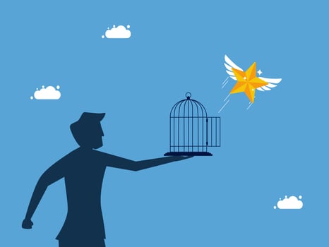 man holding bird cage and bird in his hand vector