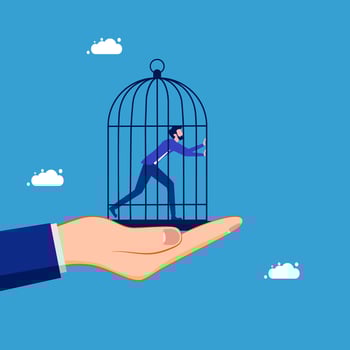 businessman in a cage running away from the hand holding the cage vector