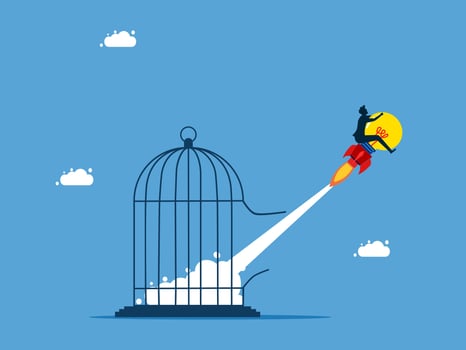 man flying out of a cage with a rocket vector