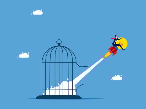 businessman flying out of a cage with a rocket vector