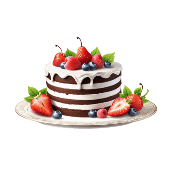A chocolate cake with berries and strawberries on top png