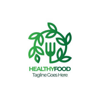 Healthy food logo design with fork and leaf elements. Good for restaurants, cafeteria, and healthy food products. vector