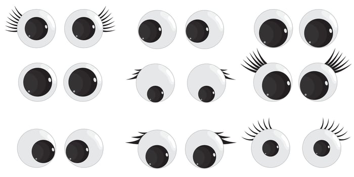 A set of plastic toy eyes. Glossy, bulging, puppet eyes. Cute, round, , isolated elements. Look down, up, left, right. Different, shaking, silly, hilarious pairs of eyeballs. vector