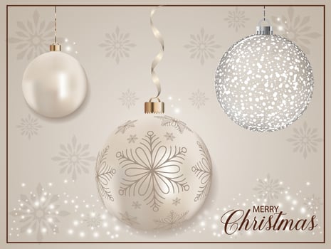 Hanging Pearly 3D realistic metallic Xmas bauble ball with dark snowflake decoration. vector