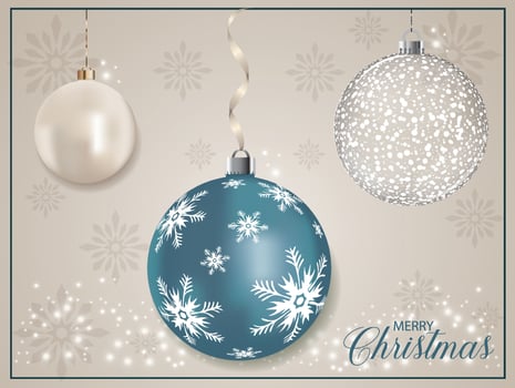 Hanging blue 3D metallic realistic Xmas bauble ball with white snowflake decoration. vector