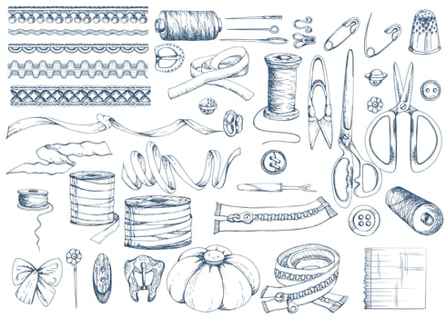 Blue scissors ribbon thread bobbins lace pin cushion buttons thimble pins needles. Hand drawn ink illustration sewing craft supplies. Objects set isolated on white. Atelier, tailor, hobby shop vector