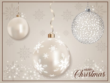 Shiny Pearl Metallic Xmas bauble with white snowflake decoration and background. Holiday and greetings. vector