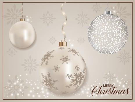 Hanging 3D Metallic realistic Xmas ball with brown snowflakes decoration, glitter and background. vector